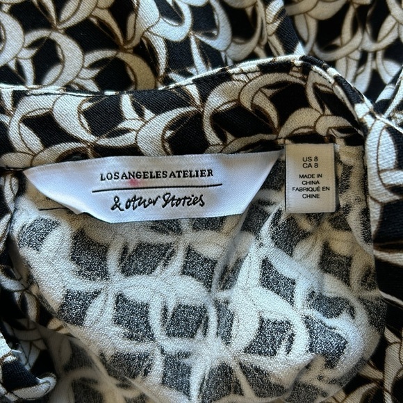 OTHER STORIES Chain Printed Long Sleeve Blouse Balloon Sleeves 8 Black White - Picture 11 of 16